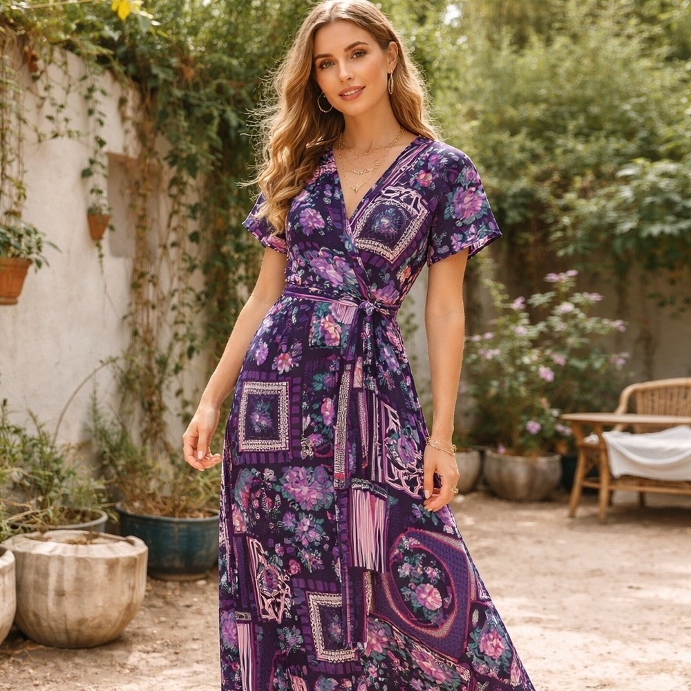 Fraiche‎ by J Maxi Dress L Purple Black Patchwork Floral Boho Cottagecore USA